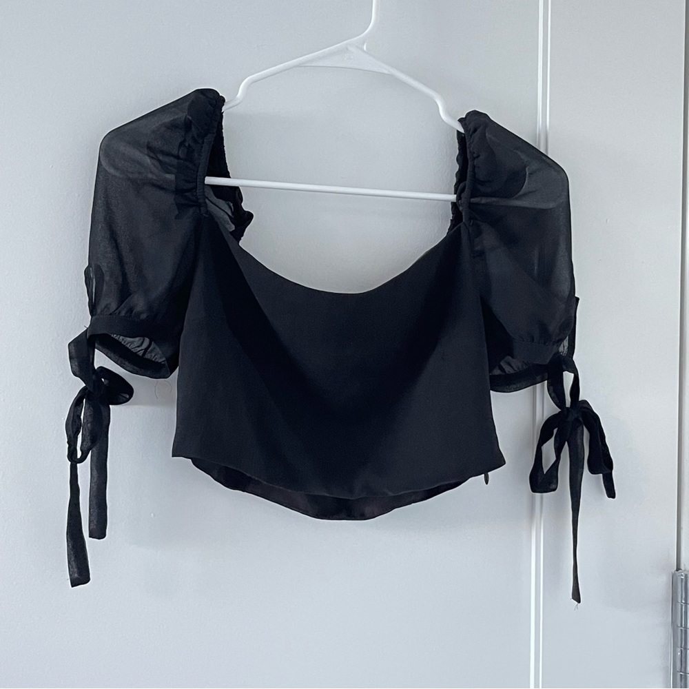 Privacy Please x REVOLVE black crop top with mesh sleeves and tie ribbon detail